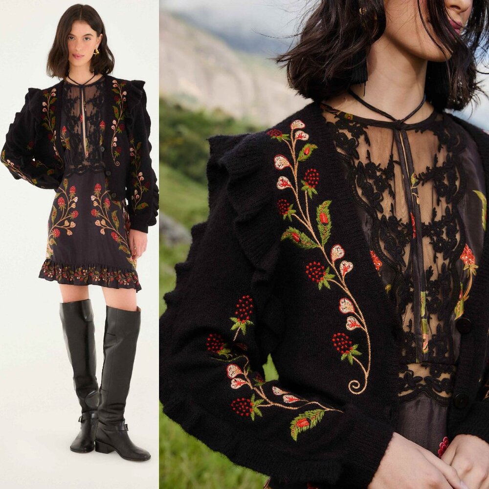 Farm Rio Black Berry Embroidery Cardigan sweater XL New!
